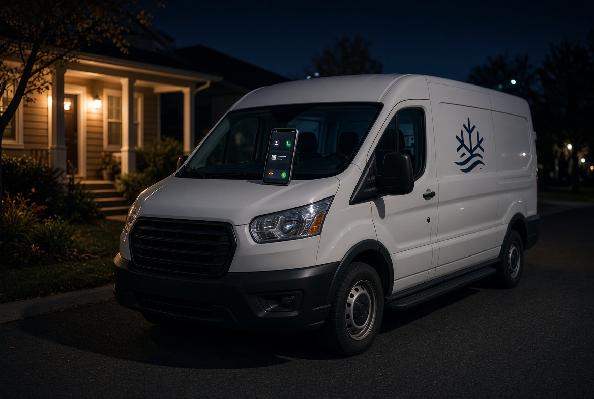 Service van in a driveway at night, job already on the phone